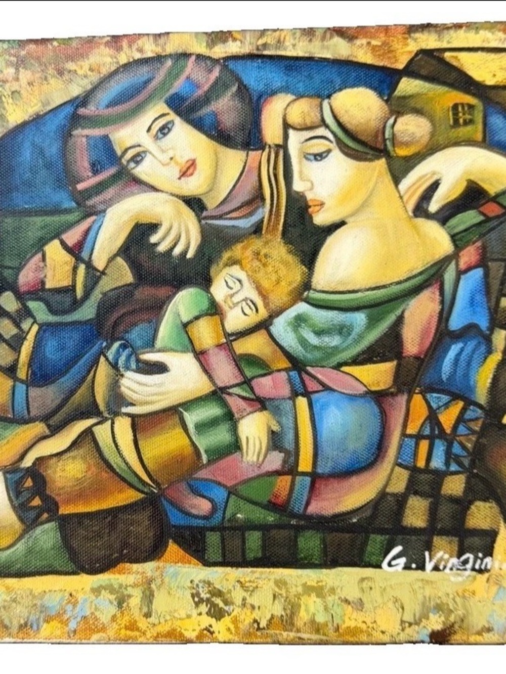 Original Cubist Oil Painting Family Portrait Signed G Virginia Expressionist Art